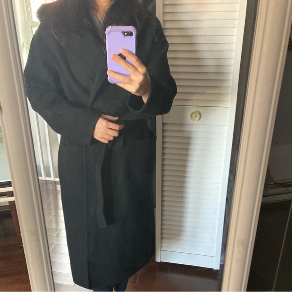 Elegant Black Women's Coat black wool trench style with hood - Picture 2 of 5